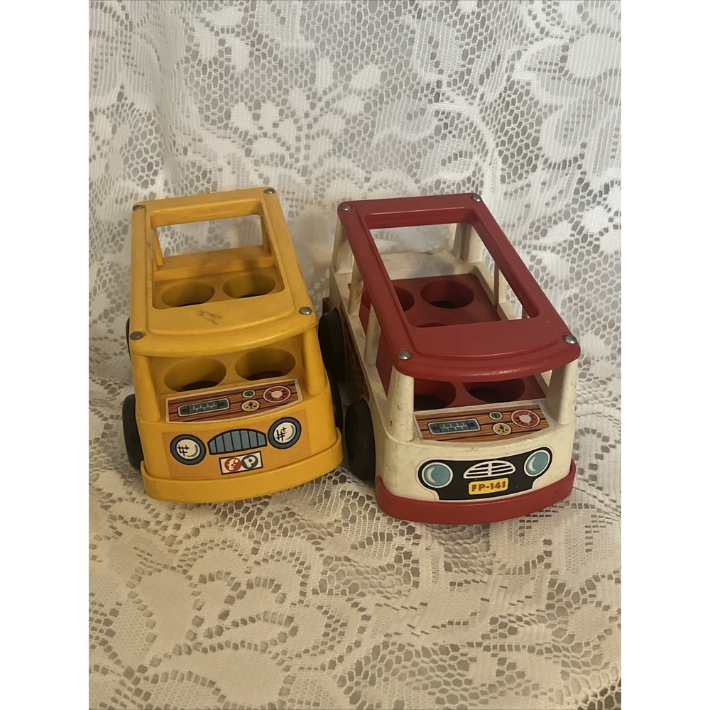 Pair Of Vintage 1969 Fisher Price Plastic Bus Toys, Yellow Bus And Red Bus 141